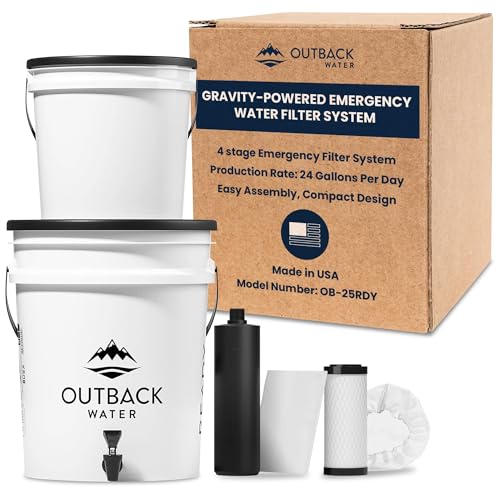 Outback Emergency Drinking Water Filter System - Gravity Fed Bucket Water Filtration for Survival, Off-Grid, Disaster Preparedness, Survival Gear & Camping, Bug Out Kit, Up to 24 Gallons a Day