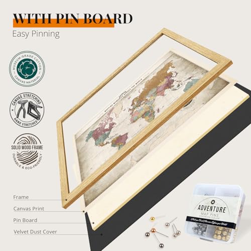 Image of DECORARTS - Oversized Personalized World Travel Map with Pins, Custom Name, Pin Board Canvas Wall Art, Vintage Pastel World Decor, Optional Wood Frame, Giclee Print, Handcrafted in USA, 40x30''