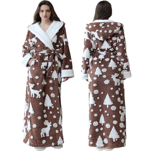 Oksun Womens Long Warm Hooded Robe: Full Length Thick Fleece Fluffy Bathrobe - Jacquard Soft Cozy Christmas Winter Housecoat
