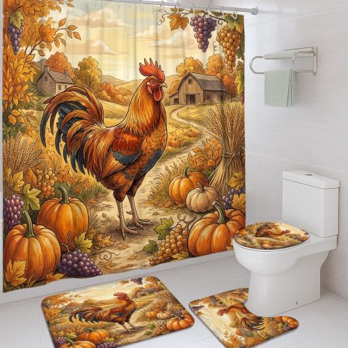 Rideau de douche rustique orange avec tapis de bain déco automne