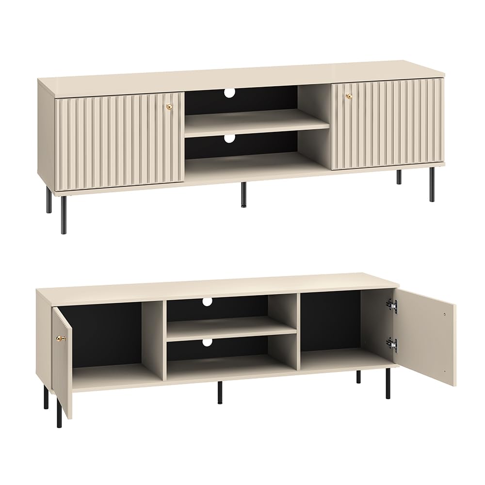 Lomadox Wohnzimmer Set in Kaschmir matt modern 6-teilig mit goldfarbenen Griffen, gerillter Optik, Softclose-Funktion mit TV-Board, Kleiderschrank, Vitrine, Wandboard, Sideboard, Vitrinenschrank