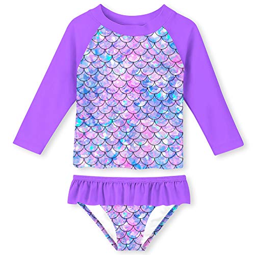 UNIFACO Girls Rash Guard Swimsuit Bikini Set 3D Print Purple Mermaid Scales Swimwear 2 Pcs with Elastic Waist Ruffle Bottom