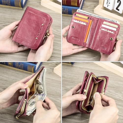 CONTACTS Full Grain Leather Kiss Lock Wallet for Women Kiss Clasp Coin Purse Vintage Bifold Card Holder Cute Small RFID Wallet (Pink)4