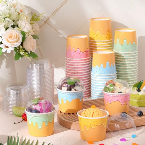 Image of Jingmore 40 Count Paper Ice Cream Cups with Clear Dome Lids Disposable Dessert Cups Bulk Dessert Bowls Sundae Containers for Snack Yogurt Soup Birthday Ice Cream Party Supplies (6 oz)