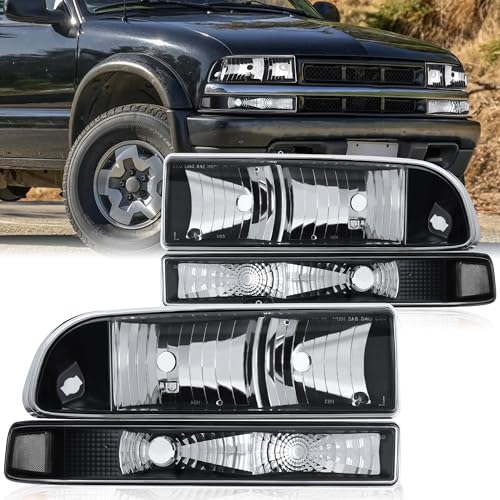 KUIPERAUTO Headlights Assembly Compatible for 1998 1999 2001 2002 2003 2004 Chevy Blazer S10 Pickup SUV w/Bumper Lights Black Housing Clear Reflector