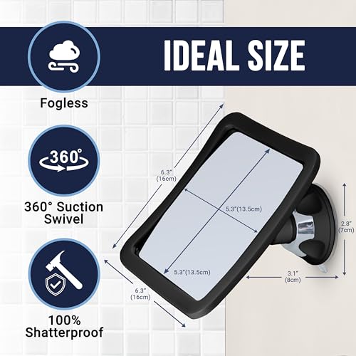 Image of MIRRORVANA Fogless Shower Mirror for Shaving with Upgraded Suction, Anti Fog Shatterproof Surface and 360 Swivel, 1X Magnifying, 6.3 x 6.3 Inch (Black)