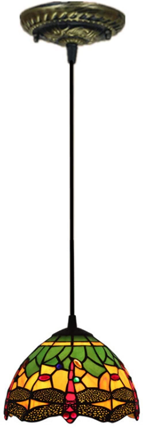 METTEOR Tiffany Style Dragonfly Pendant Light,Handmade Stained Glass Ceiling Pendant Lamp, Chandelier For Dining Room Balcony,E27,20Cm (Green)