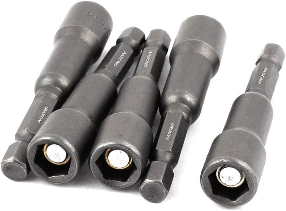 AASONS 17mm x 65mm Length Hex Socket Sleeve Power Nut Driver Range Of Sizes 5 to 19mm Drill Bit Socket Wrench Screw Driver 1/4" Hex Magnetic Nut Setter Driver Length Choice 45 to 100mm Pack Of 5pcs