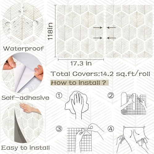Image of OSECAGE Geometric Peel and Stick Wallpaper Boho Contact Paper 17.3''x118'' | Modern Self Adhesive Wallpaper Removable White and Beige Wall Paper Decorative for Bedroom Bathroom Cabinets Decor Vinyl Roll