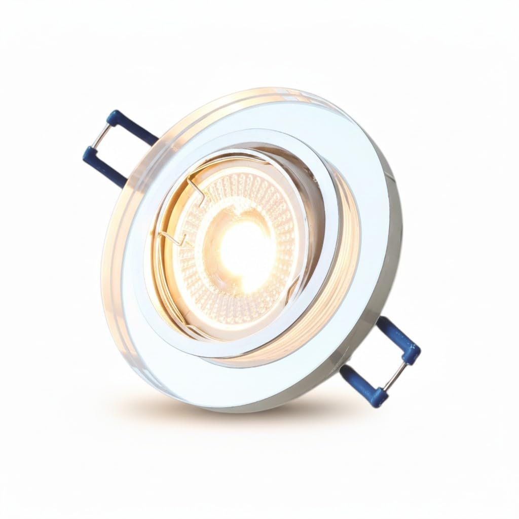 Trango 6er Set Design LED Einbaustrahler 6729R-06MCOBSD inkl. 6x 3 Stufen dimmbar 5 Watt LED Modul Ultra flach 3000k warmweiß Einbauleuchte, Deckenleuchte aus Kristall Glas & Alu Einbauspots