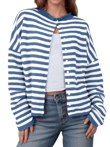 Image of Saodimallsu Womens Striped Cardigan Casual Long Sleeve Open Front Button Down Loose Knit Lightweight Fall Sweaters