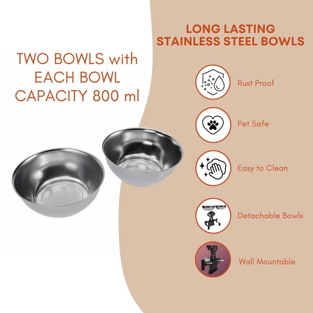 COGO GINGY Pet Feeder| 2 Stainless Steel Bowls (800 ml Each) | Wall Mountable | Elevated Feeder for Medium & Large Dogs & Cats | 10 x 10 x 7.5 inch | Strong Metal Frame | Colour: Matt Black 2