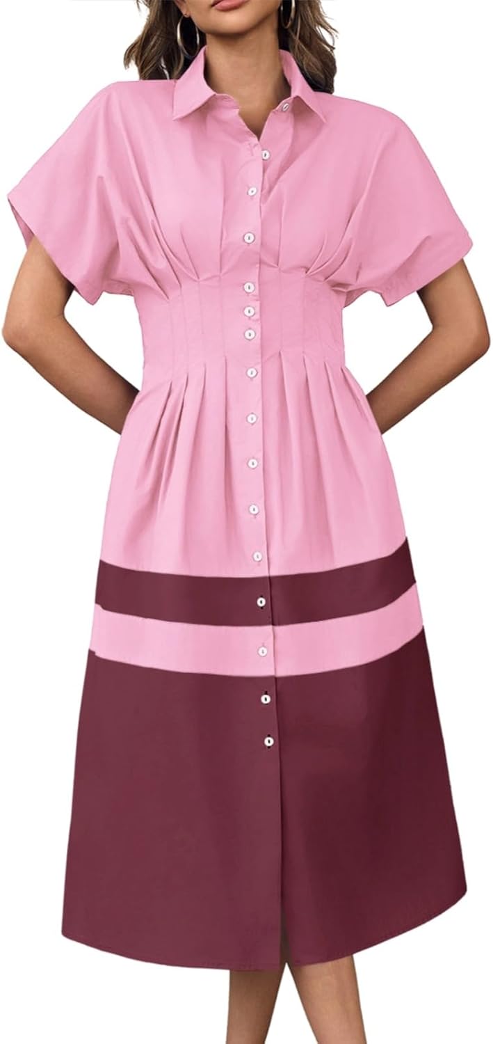 Wenrine Womens Summer Button Down Shirt Dress Casual Color Block V Neck Short Sleeve Corset Maxi Dresses Pink