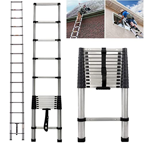 Escaleras telescópicas extensibles de 3,8 m, de 13 escalones de altura, de acero inoxidable, retráctil, multiusos, de altura ajustable, capacidad de 330 libras, EN131