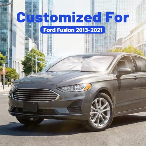 Image of Car Windshield Sun Shade for Ford Fusion 2013-2021 -[Reflective Coated Fabric] Sunshade Umbrella for Front Window, Car Shades Sun Visor Keep Car Cool and Protects Interior, 1:1 Exact Fit