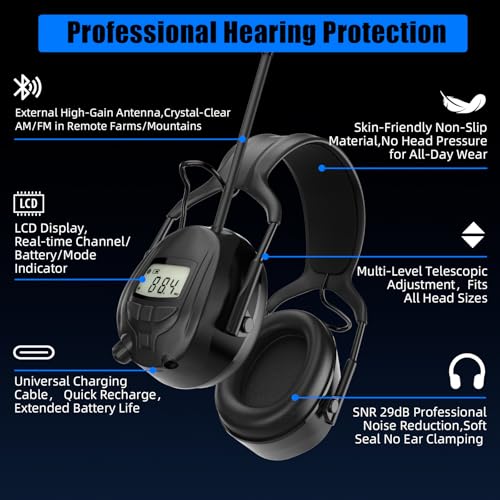 Image of Gardtech Bluetooth 5.3 AM /FM Radio Hearing Protection,29dB SNR Safety Earmuffs with Digital Display, Rechargeable Noise Cancelling Headphones for Mowing, Workshops and Snowblowing Black