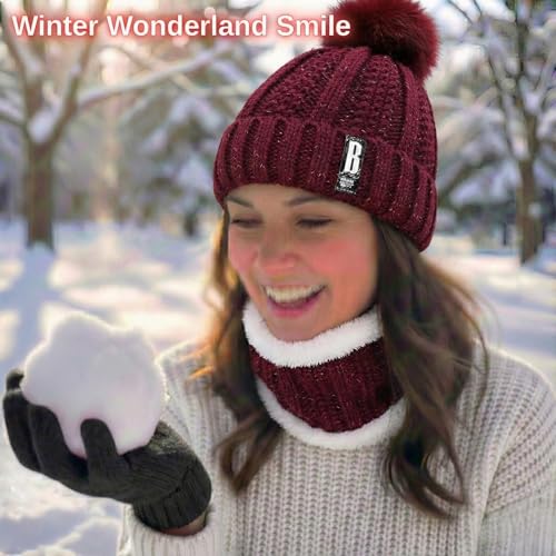 Image of Kraptick Women's Winter Beanie Cap and Scarf Set with Soft Fleece Lining, Thick Cable Knit Woolen Cap for Ladies & Neck Warmer for Extreme Cold Stylish Pom Pom Hat & Scarf Set -7