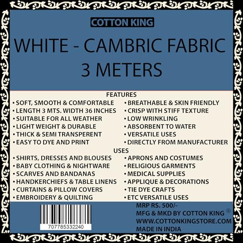 Image of Cotton King Cambric Cotton Fabric - 3 Meters 36 Inches Width - Soft, Lightweight Material for Dressmaking, Embroidery, Tie-Dye, Shirts, Kurtis, Craft & Home Decor - High Thread Count Cotton Fabric