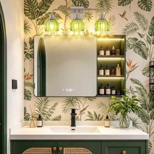 Image of Ralbay Vintage Vanity Lights Bathroom Light Fixture Over Mirror for Bath Brushed Nickel Modern Wall Sconces with Green Crystal Glass Shade for Bedroom,Living Room,Hallway(3-Light)