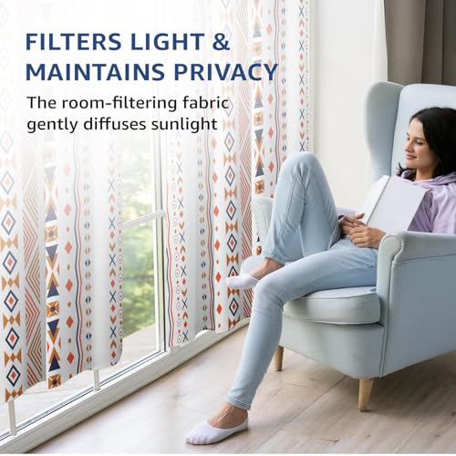 Image of Amazon Basics - Geometric Print Light Filtering Curtains | 100% Cotton 150 TC | Set of 2 | 7 Feet | 115 x 210 cm | Multi-Color | Eyelets & Tiebacks| Ideal for Bedroom and Living Room