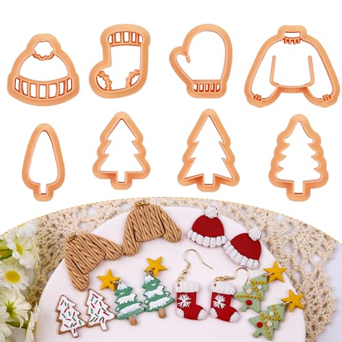 Puocaon Christmas Holiday Clay Cutters - 8 Pcs Christmas Tree Clay Cutters for Polymer Clay Jewelry Making Christmas Jumper Socks Gloves Clay Jewelry Cutters Cute Beanie Polymer Clay Earring Cutters