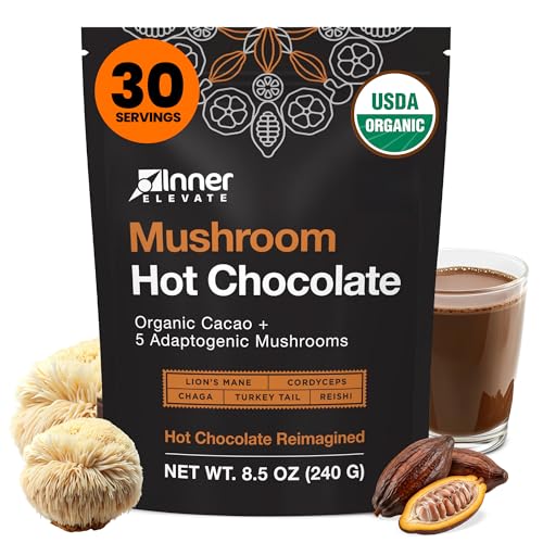 Inner Elevate Mushroom Hot Chocolate Superfood - Ceremonial Cacao with 5 Mushrooms (Lion's Mane, Cordyceps, Chaga, Reishi, Turkey Tail) - Great as a Coffee Alternative, Hot Chocolate, or Smoothie (30 Servings)