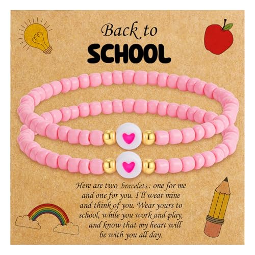 C-leen Back To School Supplies, First Day of Kindergarten Preschool Heart Beaded Bracelets for Mom and Daughter Adjustable Back to School Bracelet Stuff