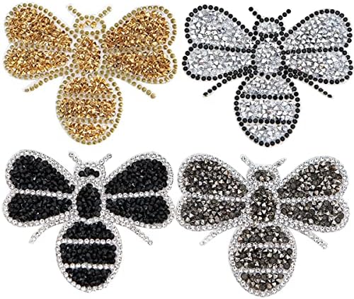 Yazon 4pcs Crystals Bee Patches Iron on Rhinestone Appliques Patch Transfer