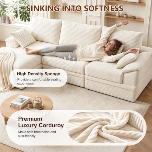 107" Modular Sectional Sofa Boneless Couch with Storage,L-Shape 3 Seat Comfy Modern Cloud Couch Sofa with Ottoman, 27" Deep Seat Corduroy Sofa for Living Room, Tool-Free Assembly - Beige - image 4