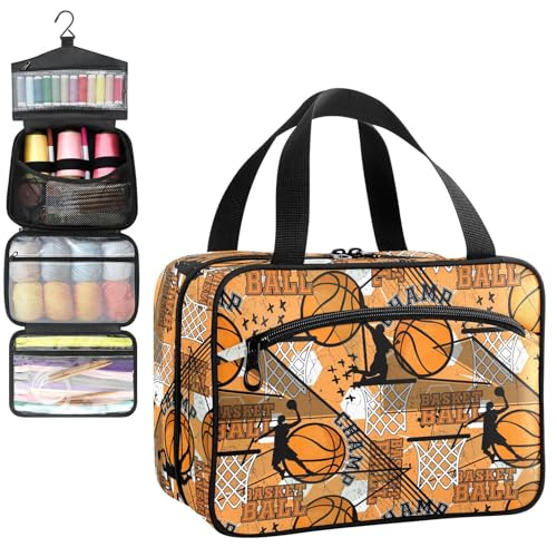 YNNALE Sewing Supply Organizer Bag, Orange and Black Basketball Sport Portable Sewing Bags with Pockets&Hanger, Sewing Storage Box Case for Sew Supplies/Kit/Tools/Accessories (BAG ONLY)