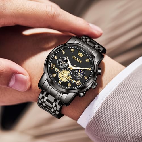 Image of OLEVS Men Watches Stainless Steel Chronograph Watch, Large Wrist Analog Quartz Watch, Fashion Waterproof Diamond Roman Numerals Dress Watches for Men, Gold /Black /White /Blue /Grey Dial