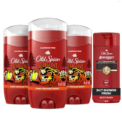 Old Spice Aluminum Free Deodorant for Men, 24/7 Odor Protection, 24/7 Freshness & Lasting Scent, Bearglove Scent, 3.0 oz with Travel Size Swagger Body Wash (Pack of 4)