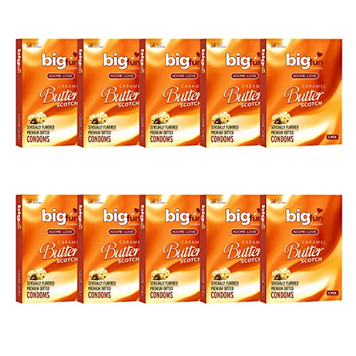 Image of Bigfun Butterscotch Flavoured Condoms for Men | Combo Pack of 30 | Dotted, Ribbed & Contoured | 10 Each | Lubricated