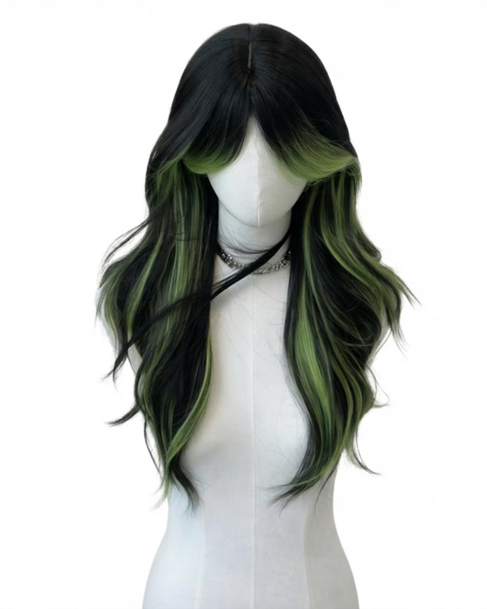 Natural Black Green Highlight Long Wavy Wig with Bangs & Middle Part, Heat Resistant Synthetic goth Lolita Cosplay Wig for Women, Ideal for Daily Wear Festivals & Parties