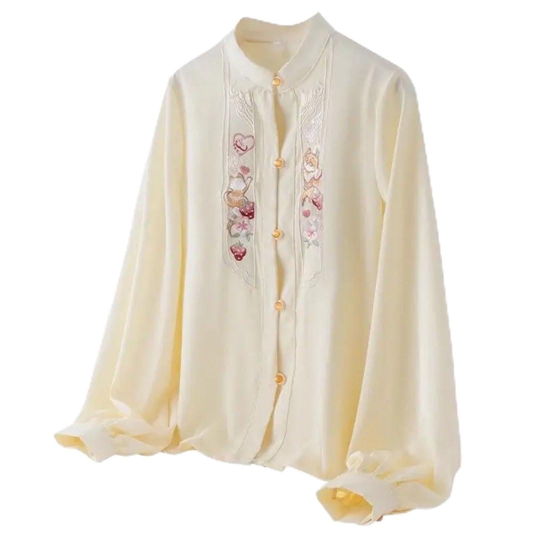 Camisa de manga larga con cuello redondo para mujer, bordada, con botones, vintage, elegante
