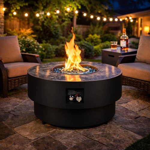COMAZOO 2PCS 32 Inch Round Fire Pit Table with Tank Cover 2-in-1 Outdoor Propane Fire Pit Table for Patio Garden & Backyard 50 000 BTU with Lid Glass Rocks & Waterproof Cover Black