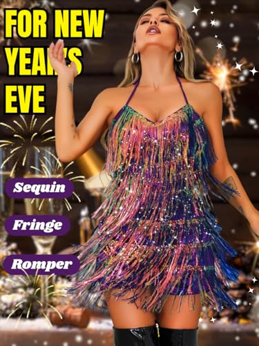 Image of Kaei&Shi Sequin Fringe Romper,Sparkly Glitter Metallic Jumpsuits For Women,Backless Shorts Dress Disco Birthday Dance Outfit