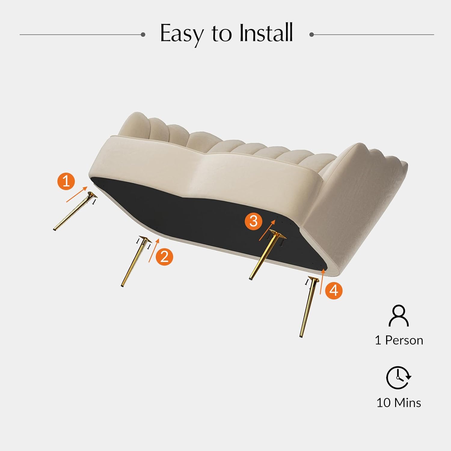 HULALA HOME 2 Seater Sofa Loveseat Velvet Sofa Couch with Metal Legs and Arm Backrest for Living Room & Bedroom, TAN