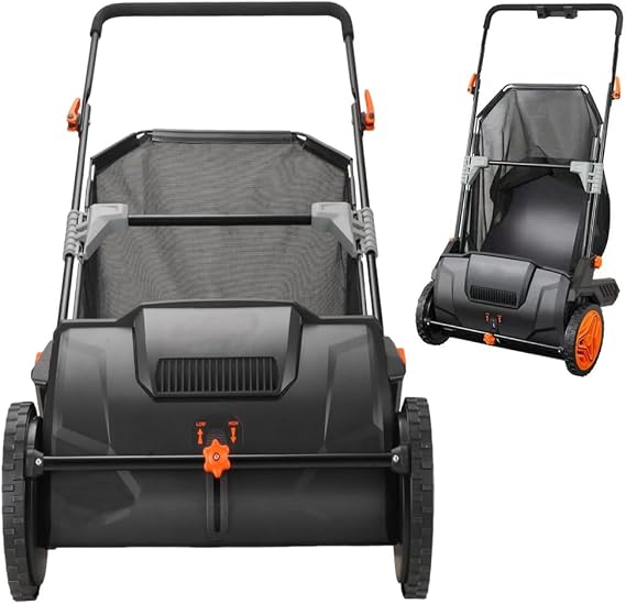 Push Lawn Sweeper, 21-inch Leaf & Grass Collector, Strong Rubber Wheels & Heavy Duty Thickened Steel Durable to Use with Large Capacity 3.5 cu. ft. Mesh Collection Hopper Bag, 2 Spinning Brushes