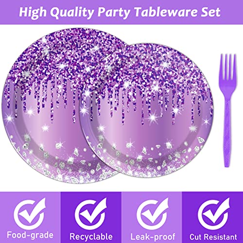 Image of 96 Pcs Purple Silver Tableware Set for Birthday Party Decor Disposable Dessert Plates Napkins Forks for 24 Guests Elegant Purple Tableware for Women Girls Baby Shower Bridal Shower Party Supplies