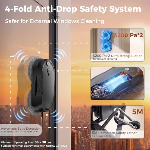 Image of KKI Window Cleaning Robot, Auto-Dual Spray,for High-Rise Windows 4min /㎡ | Robot Window Cleaner Dual Max 6400pa, Inside Outside 3 Cleaning Modes,Remote Control ,Anti-drop,UPS Battery 10Cloths