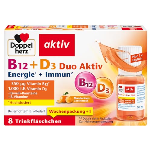 Doppelherz B12 + D3 Duo Aktiv – Mit Vitamin B12 und D3 zur Unterstützung einer normalen Funktion des Immunsystems – 8 Trinkfläschchen, 91.1 grams