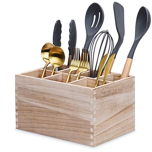 Wood Utensil Organizer 7 Compartment, Rustic Kitchen Buffet Utensil Caddy, Cooking Spatula Holder Countertop Caddy Box for Cutlery, Napkins, Cups