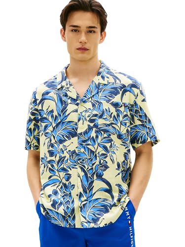 Image of Tommy Hilfiger Men's Lightweight Short Sleeve Cotton Beach Print Shirt with Pocket, Men's Casual Button Down Summer Shirts