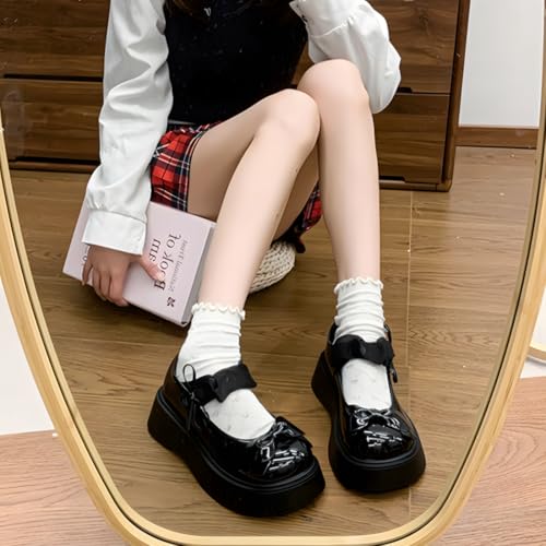 Gothic Kawaii Y2K Lolita Round Toe Platform Heels Bows Trim Ribbon Lace Up Mary Jane Shoes4