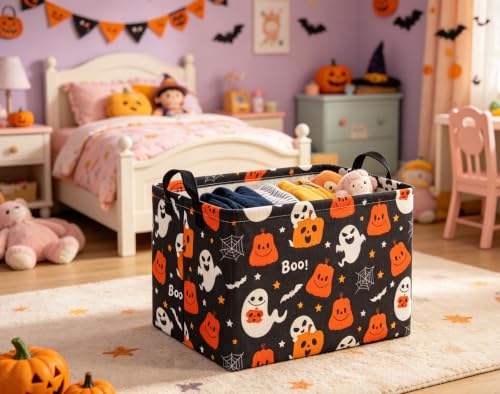 Image of Halloween Basket Cute Baskets for Kids Pumpkin Basket Rectangular Storage Bin Organizer Box Room Decor(Black Pumpkin Ghost)