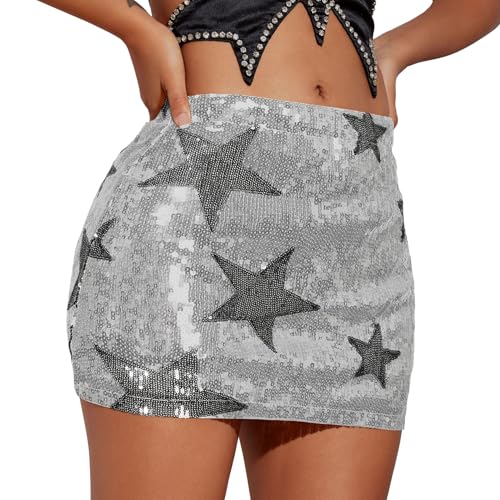Century Star Sequin Mini Sparkly Glitter Low Rise Sparkle Shiny Metallic Rave Skirt Silver Grey Star Small