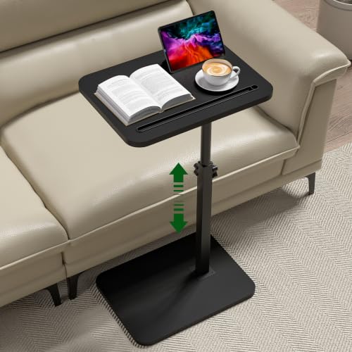 Image of Black Side Tray Table for Couch - 360 Swivel Adjustable Height Rotating Sofa Table