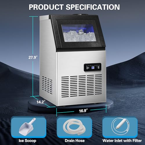 Image of 120LBS /24H Commercial Ice Maker Machine, Freestanding Stainless Steel with Adjustable Ice Thickness & LCD Control,40 Cubes /Cycle,Self-Cleaning,Quiet Operation for Home,Restaurant,Bar