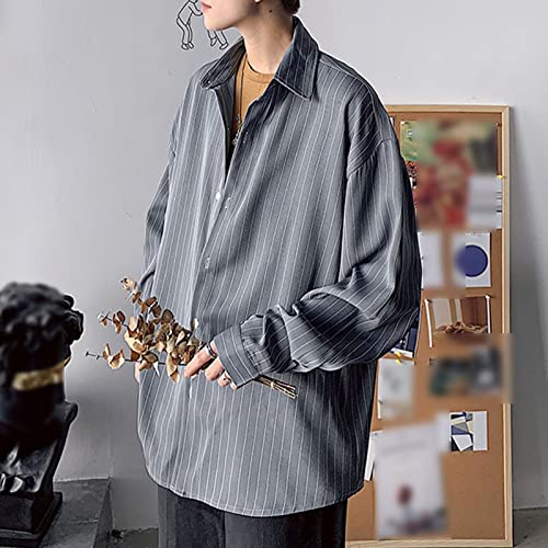 DGHM-JLMY Men's Handsome Long Sleeve Joker Striped Shirt Casual Loose Fit Button Down Classic Vertical Striped Shirt3